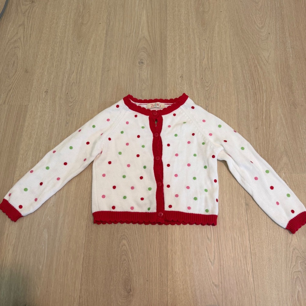 Zubels Kids Girls Polka Dot Knit Cardigan Sweater White Red Scalloped‎ Trim 2T